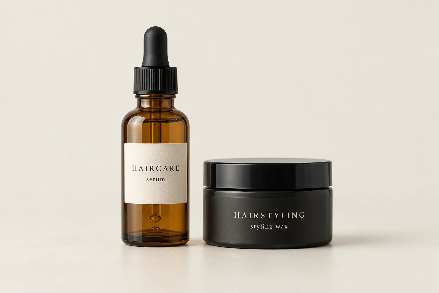 Realistic serum bottle labelled Haircare, serum, and styling wax jar labelled Hairstyling, styling wax